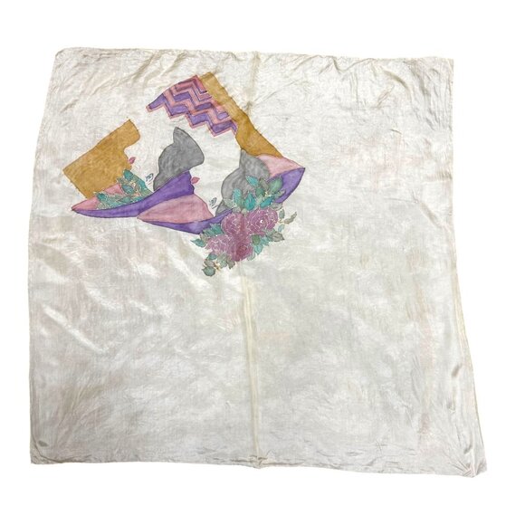 Vintage 34.5" Silk Scarf With Art Deco Print Women Hats Silhouette Hand Painted - Picture 5 of 6